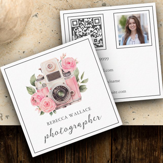 Pink Floral Camera Photo QR Code Photographer Square Business Card (Creator Uploaded)