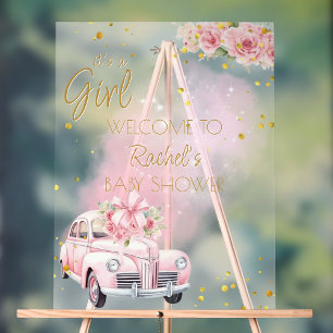 Pink Floral Car Baby Shower Welcome Acrylic Sign