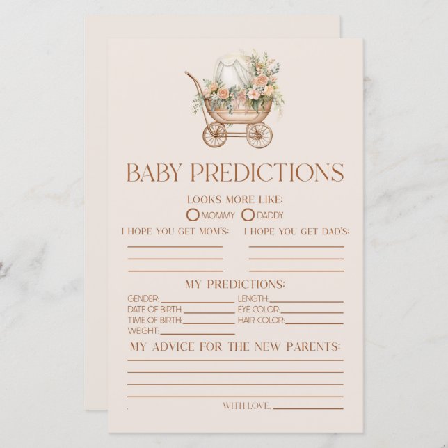 Pink Floral Carriage Baby Shower Predictions Game (Front/Back)