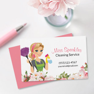 Pink Floral Cartoon Maid House Cleaning Services Business Card