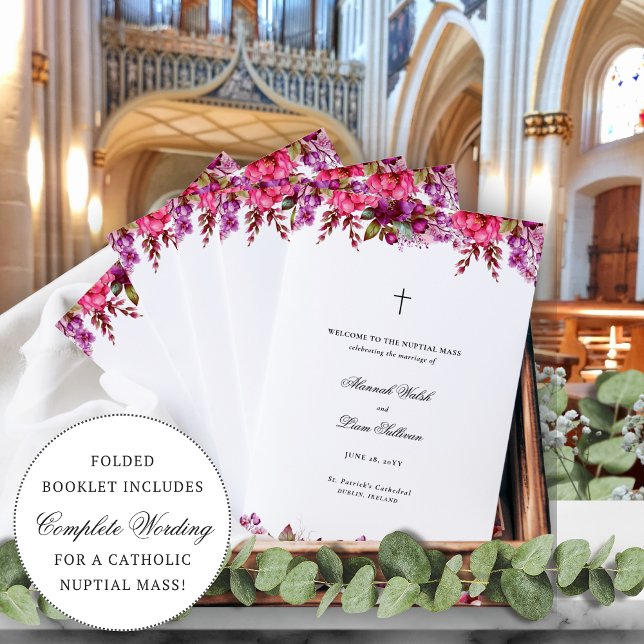 Pink Floral Catholic Wedding Mass Ceremony Program (Alannah folded Catholic wedding program with bright magenta and fuchsia spring florals)