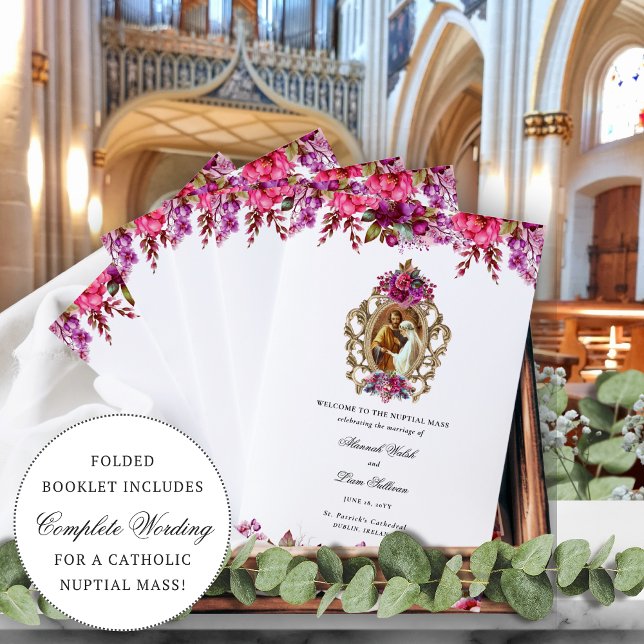 Pink Floral Catholic Wedding Mass Ceremony Program (Magenta pink, folded Catholic wedding program with marriage of the Virgin Mary and St. Joseph.)
