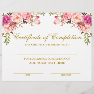 Pink Floral Certificate of Completion Gold