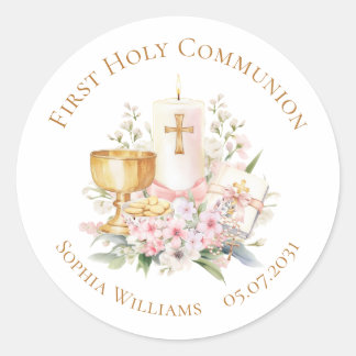 Pink Floral Chalice First Holy Communion  Classic Round Sticker