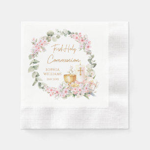 Pink Floral Chalice First Holy Communion  Napkin