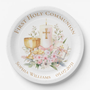 Pink Floral Chalice First Holy Communion Paper Plate