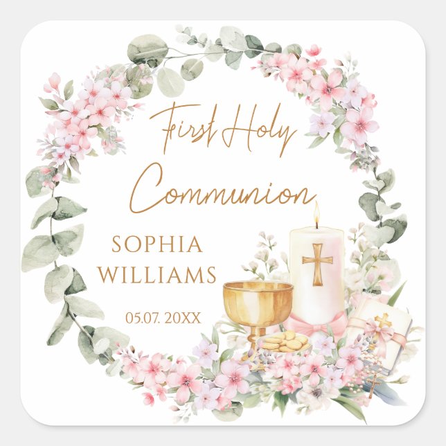 Pink Floral Chalice First Holy Communion Sticker (Front)