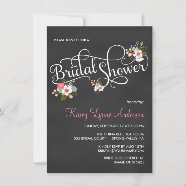 Pink Floral Chalkboard Bridal Shower Invites (Front)