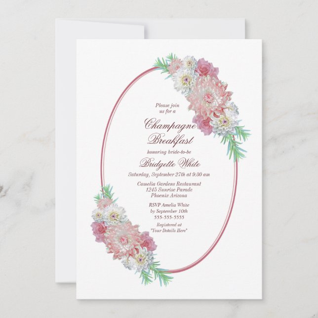 Pink Floral Champagne Breakfast Bridal Shower Invitation (Front)