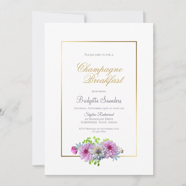 Pink Floral Champagne Breakfast Bridal Shower Invitation (Front)