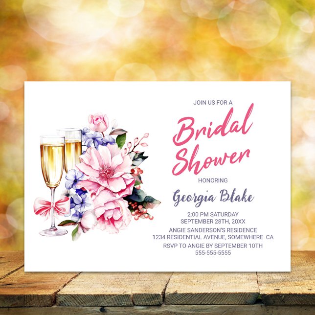 Pink Floral Champagne Bridal Shower Invitation (Creator Uploaded)