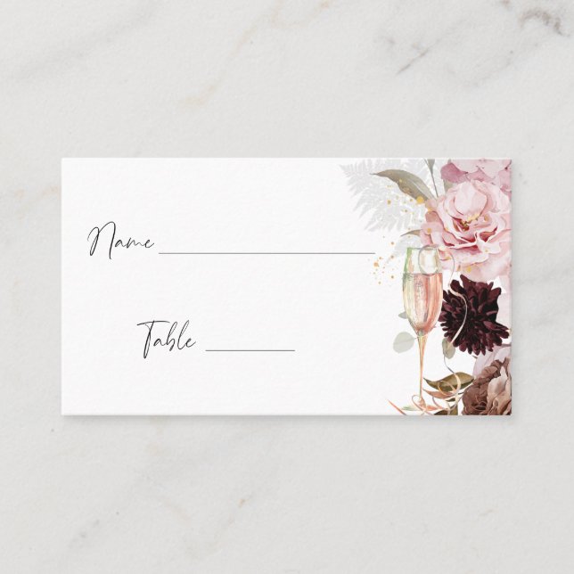 Pink Floral Champagne Bridal Shower Place Card (Front)