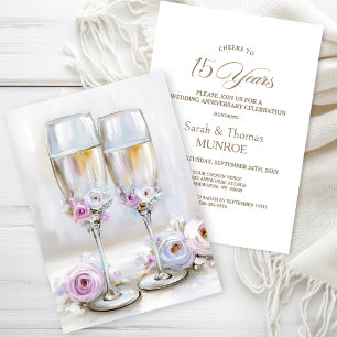 Pink Floral Champagne Glasses 15th Anniversary Invitation