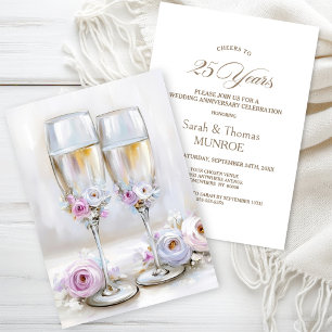 Pink Floral Champagne Glasses 25th Anniversary Invitation