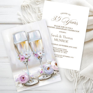 Pink Floral Champagne Glasses 35th Anniversary Invitation