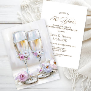 Pink Floral Champagne Glasses 50th Anniversary Invitation