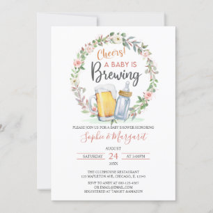 Pink Floral Cheers A Baby Is Brewing Baby Shower Invitation