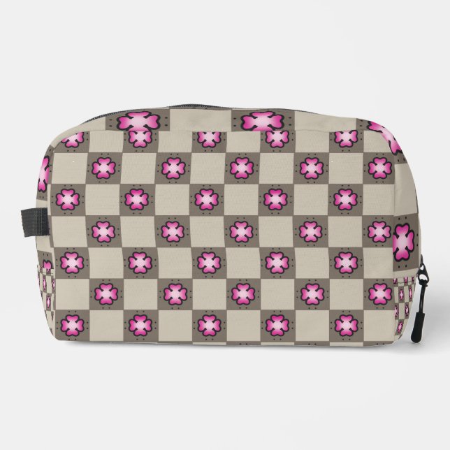 Pink Floral Chequerboard Pattern Dopp Kit (Front)