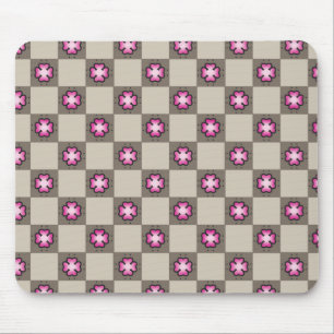 Pink Floral Chequerboard Pattern Mouse Pad