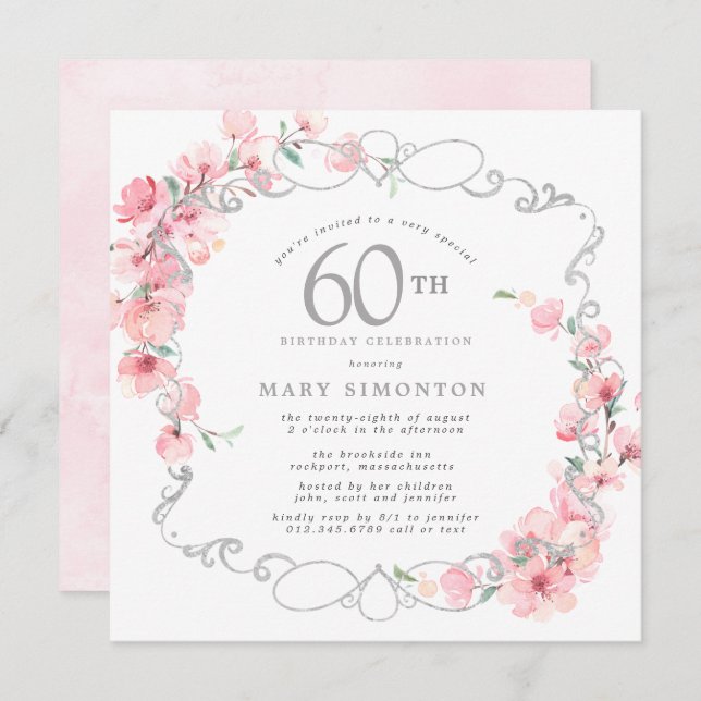 Pink Floral Cherry Blossom 60th Birthday Party Invitation (Front/Back)