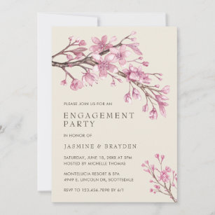 Pink Floral Cherry Blossom Engagement Party Invitation