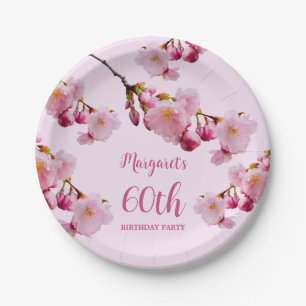 Pink Floral Cherry Blossom Sakura Birthday Party Paper Plate