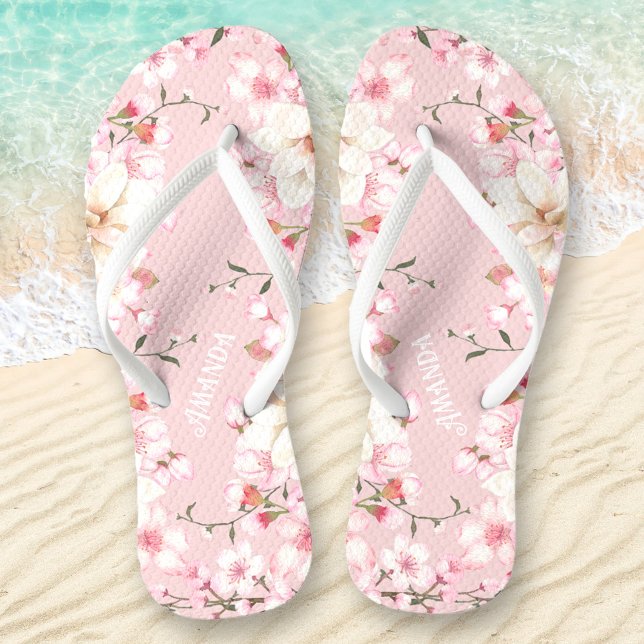 Pink Floral Cherry Blossom Sakura Flowers Name Jandals (Pink Floral Cherry Blossom Sakura Flowers Name Flip Flops)