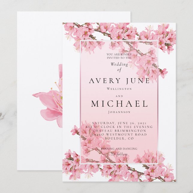 Pink floral cherry blossom spring wedding invitation (Front/Back)
