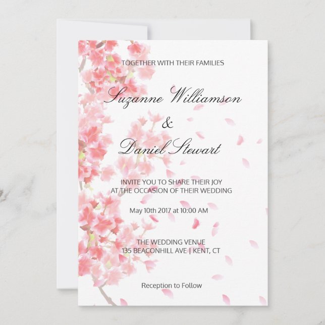 Pink Floral Cherry Blossom Wedding Invitation (Front)