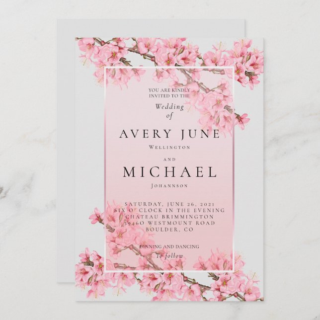 Pink floral cherry blossom wedding invitation (Front/Back)