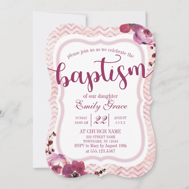 Pink Floral Chevron Baby Girl Baptism Invitation (Front)