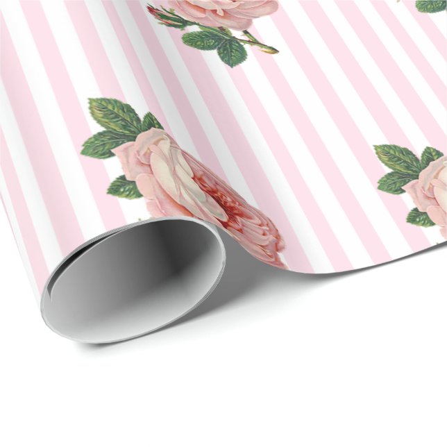 Pink Floral Chic Roses shabby Striped Gift Wrap (Roll Corner)
