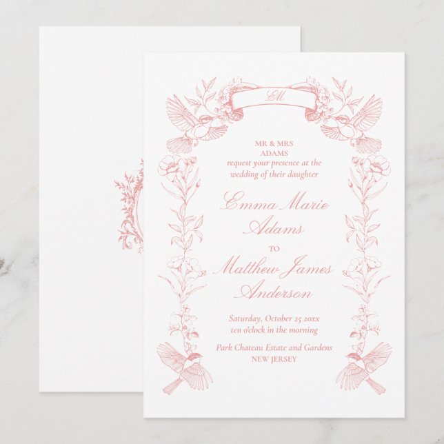 Pink Floral Chinoiserie Wedding Invitation (Front/Back)