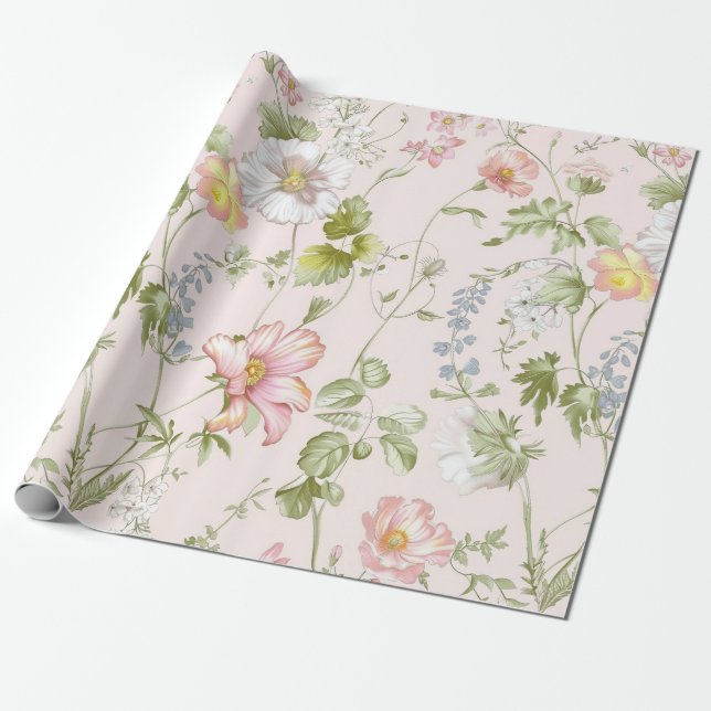 Pink Floral Chinoiserie Wrapping Paper (Unrolled)