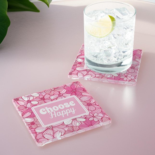 Pink Floral Choose Happy  Glass Coaster (Creator Uploaded)