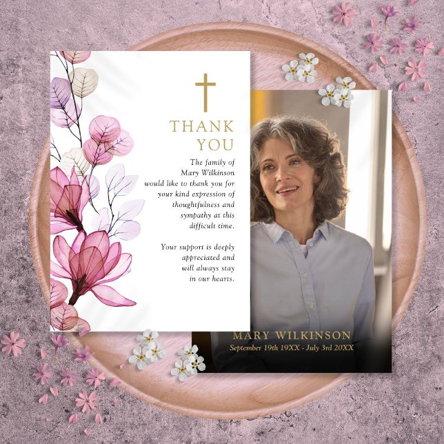 Pink Floral Christian Celebration Of Life Photo Thank You Card (Pink Floral Christian Celebration Of Life Photo Thank You Card)