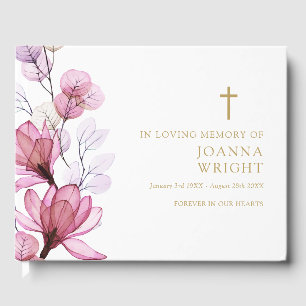 Pink Floral Christian In Loving Memory Funeral Guest Book
