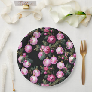 Pink Floral Christmas Ornaments & Camellias Black Paper Plate