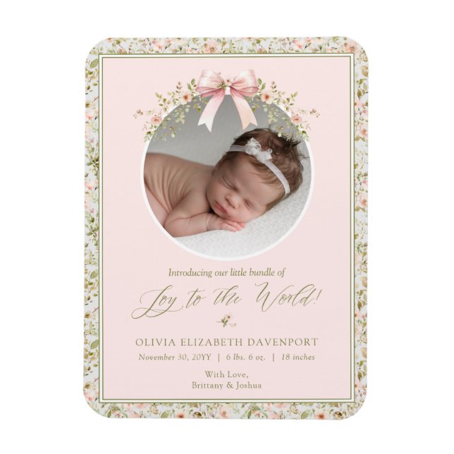 Pink Floral  Christmas Photo Baby Announcement Magnet (Vertical)