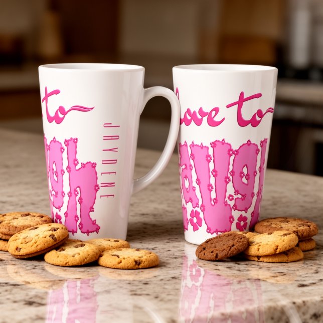 Pink Floral Chunky Text Slogan With Name Latte Mug (An empowering "Love to Laugh" graphic in a dark pink hue to kickstart your day with positivity.)