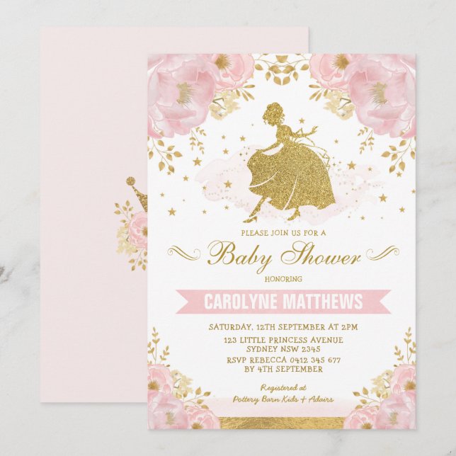 Pink Floral Cinderella Princess Girl Baby Shower Invitation (Front/Back)