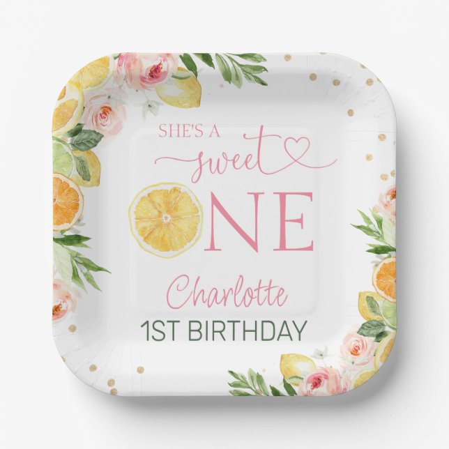 Pink Floral Citrus 1st Birthday Party Paper Plate (Front)
