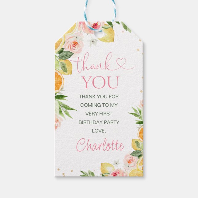 Pink Floral Citrus Birthday Thank You Tag (Front)