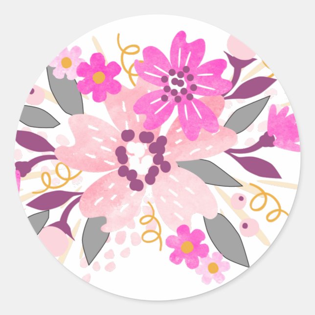 Pink Floral  Classic Round Sticker (Front)