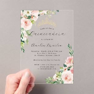 Pink Floral Clear Acrylic Floral Quinceanera  Acrylic Invitations