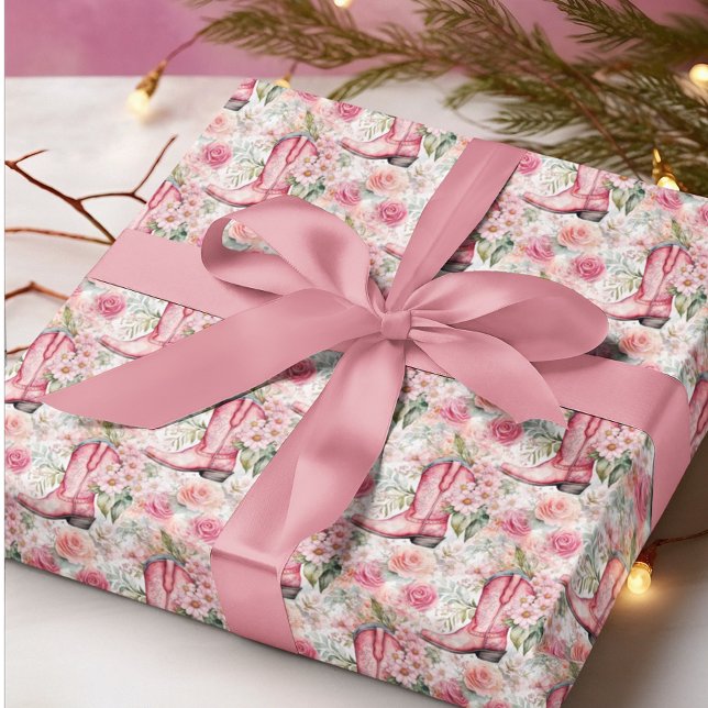 Pink Floral Coastal Cowgirl Western Christmas Wrapping Paper (Creator Uploaded)