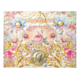 Pink Floral Collage Fairy Gold Bird Monogrammed  Notepad