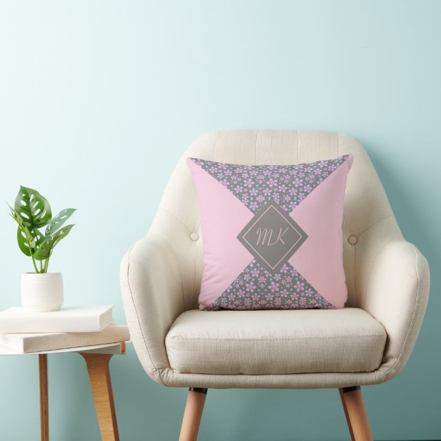 Pink Floral Colour Block Monogrammed Cushion (Chair)