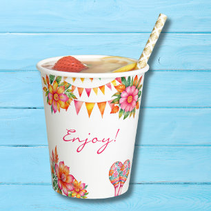 Pink Floral Colourful Fiesta 1st Birthday Paper Cups