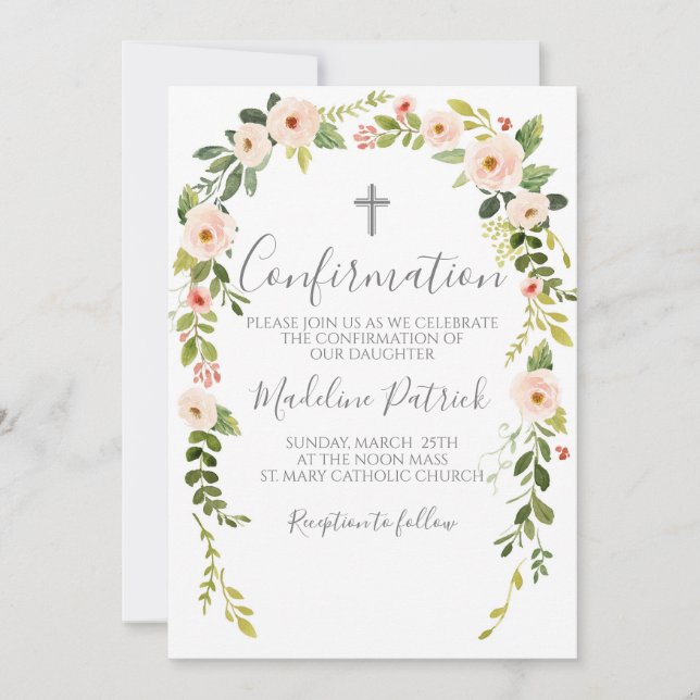 Pink Floral Confirmation  Invitation (Front)